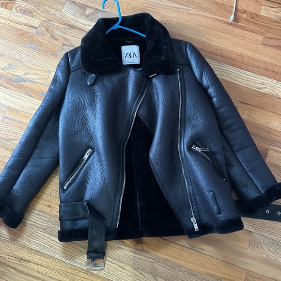 ZARA Black Faux Leather Shearling Biker Jacket with Silver Hardware